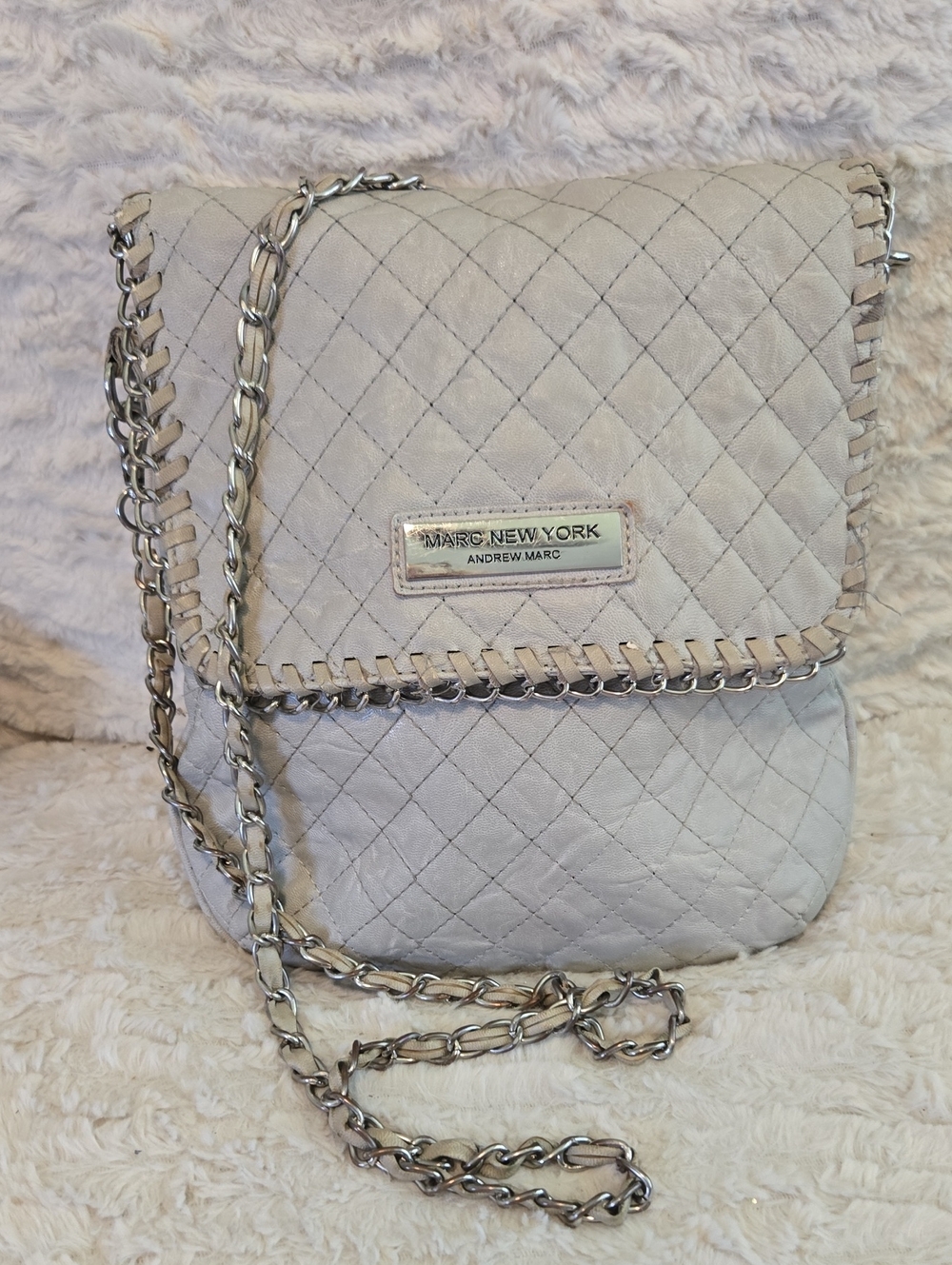 Andrew Marc Quilted Light Gray Chain Crossbody Bag